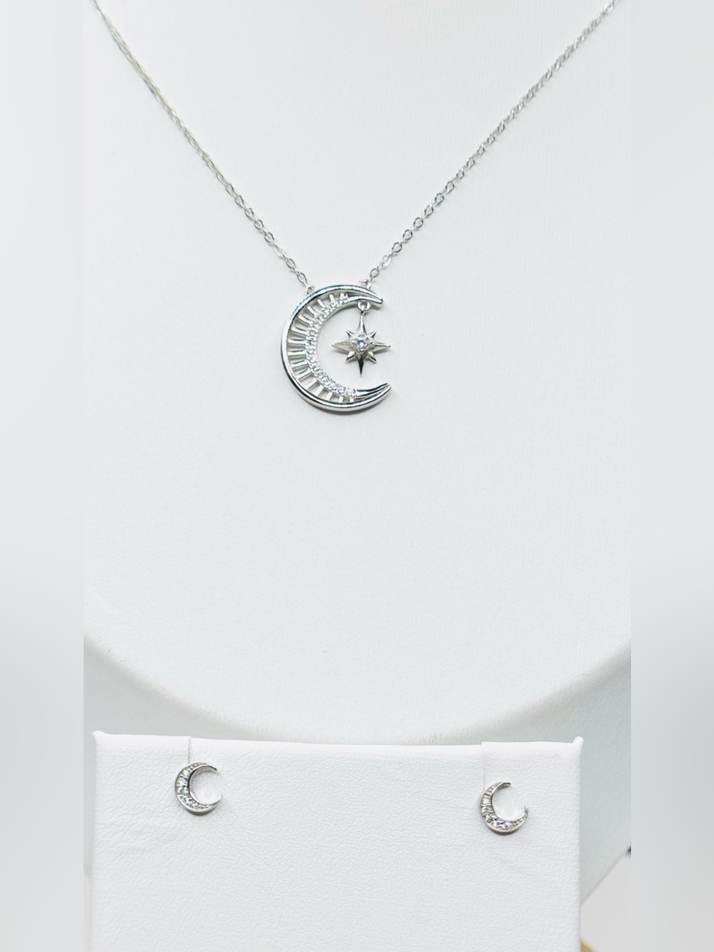 Sterling Silver White Gold Moon & Star Necklace with Matching Moon Stud Earrings